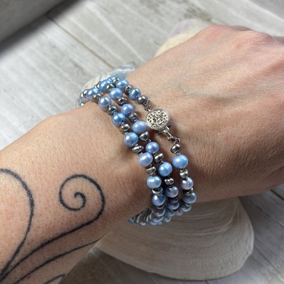 Blue & grey pearl necklace or bracelet - Picture 6 of 8